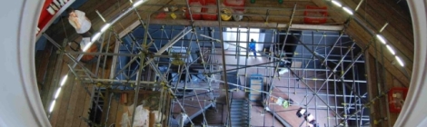 picture of scaffolding and installation of red ring and pots at the V&A museum, London